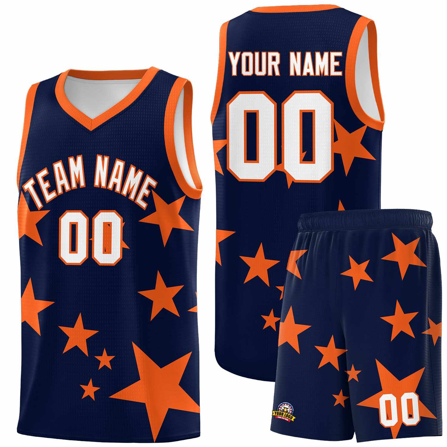 Custom Navy Orange Graffiti Pattern Star Print Basketball Jersey Sets