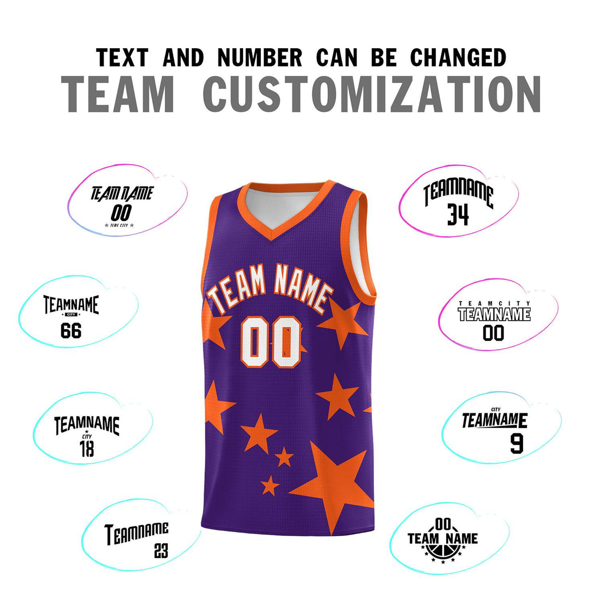 Custom Purple Orange Graffiti Pattern Star Print Basketball Jersey Sets