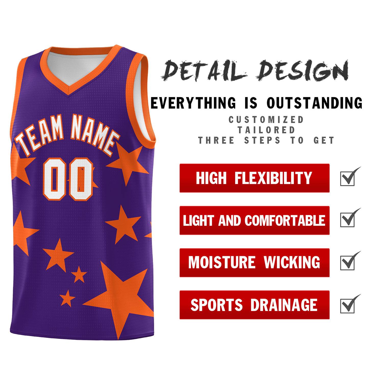Custom Purple Orange Graffiti Pattern Star Print Basketball Jersey Sets