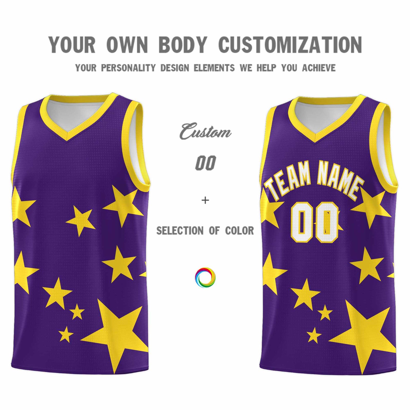 Custom Purple Gold Graffiti Pattern Star Print Basketball Jersey Sets