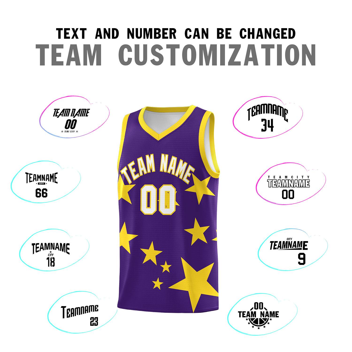 Custom Purple Gold Graffiti Pattern Star Print Basketball Jersey Sets