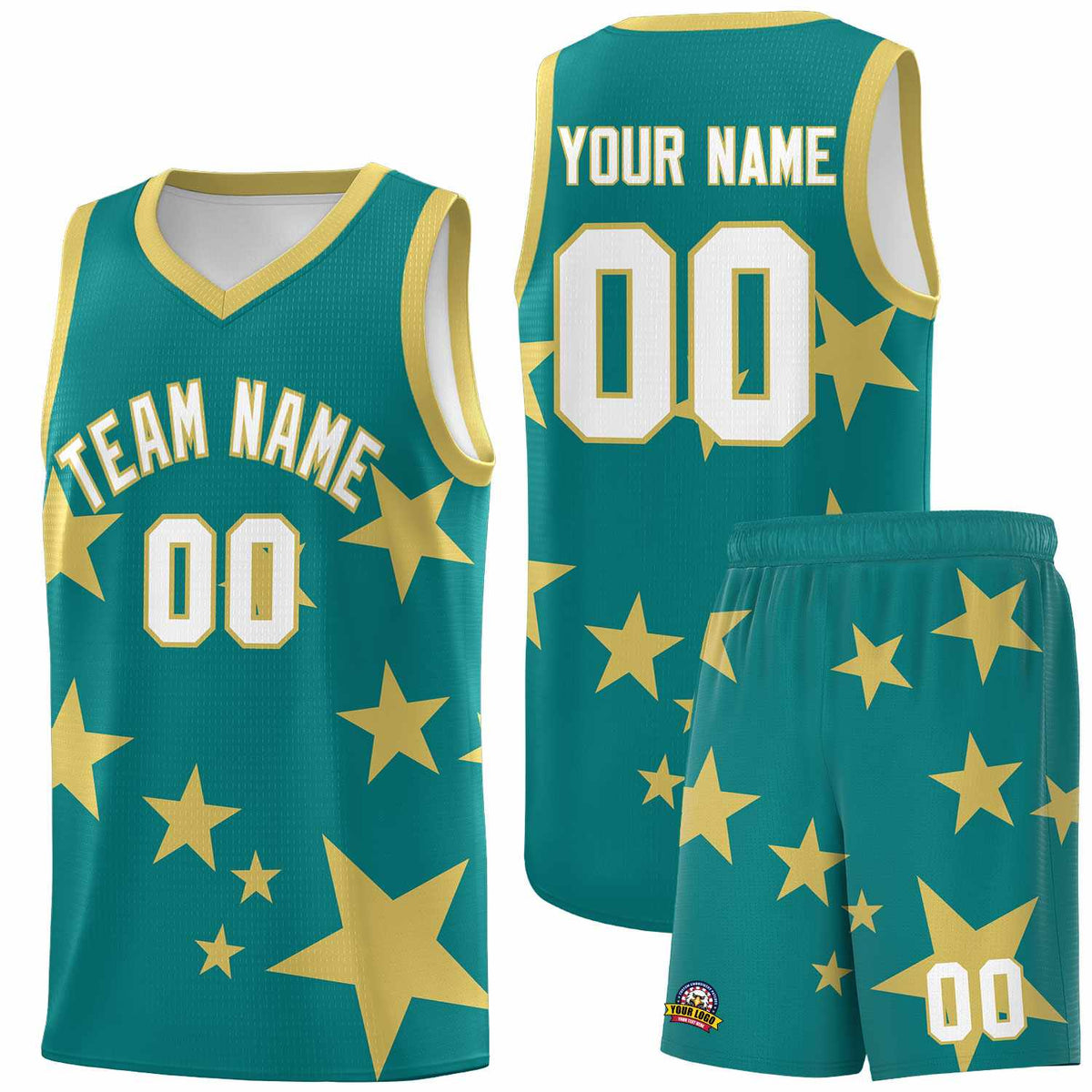 Custom Aqua Old Gold Graffiti Pattern Star Print Basketball Jersey Sets