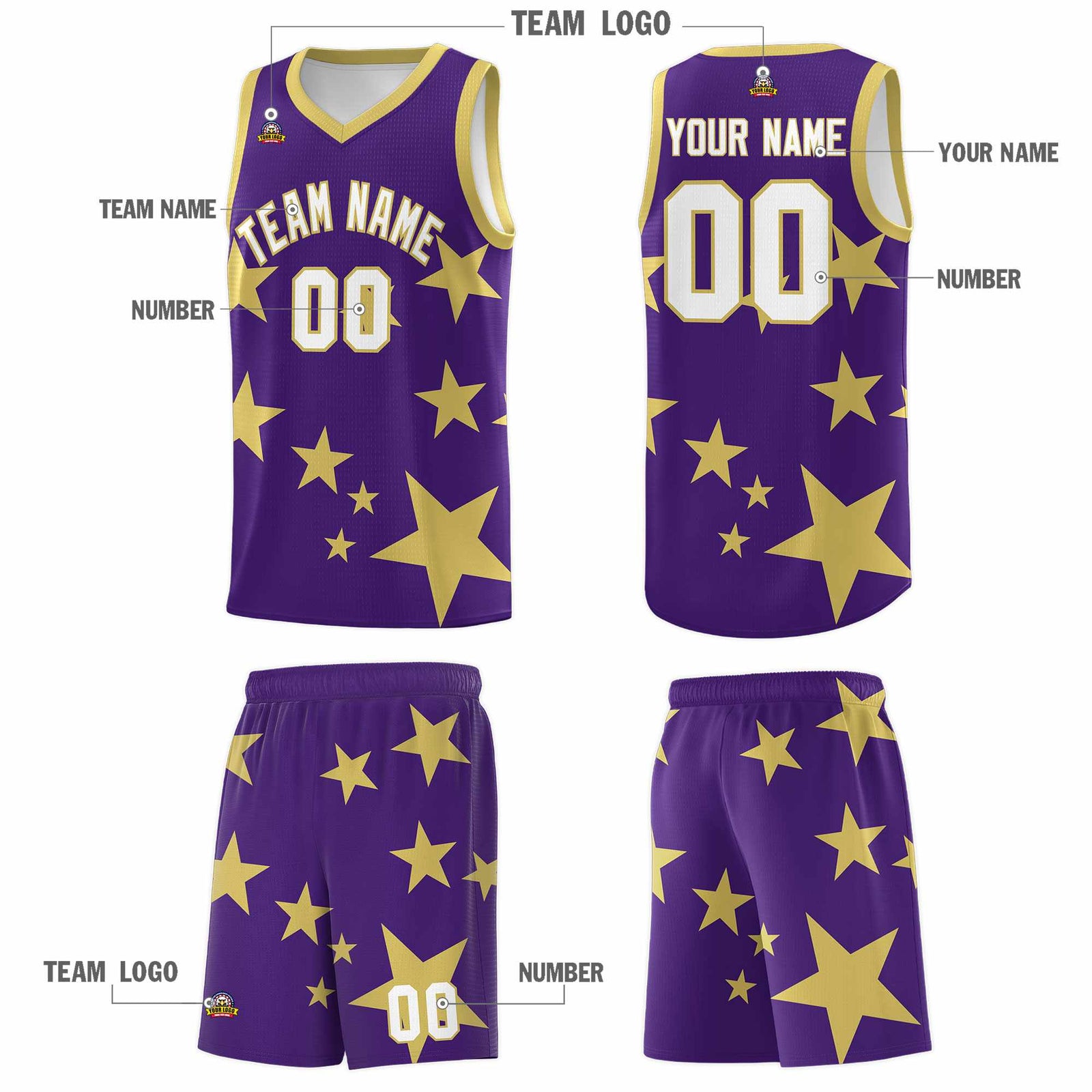 Custom Purple Old Gold Graffiti Pattern Star Print Basketball Jersey Sets