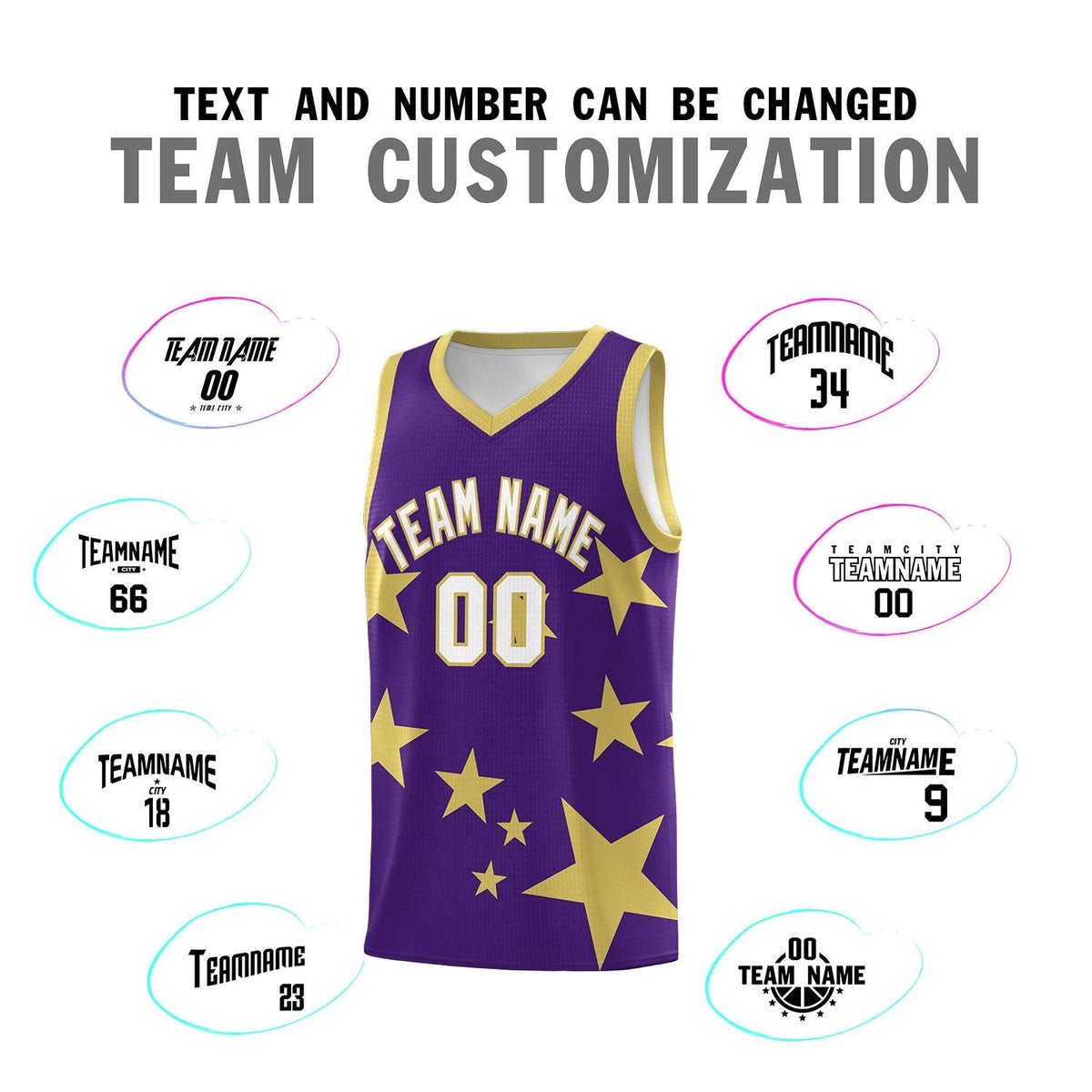 Custom Purple Old Gold Graffiti Pattern Star Print Basketball Jersey Sets