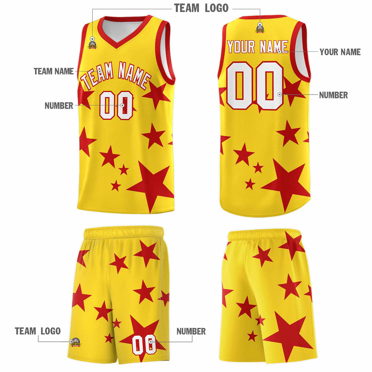 Custom Gold Red Graffiti Pattern Star Print Basketball Jersey Sets