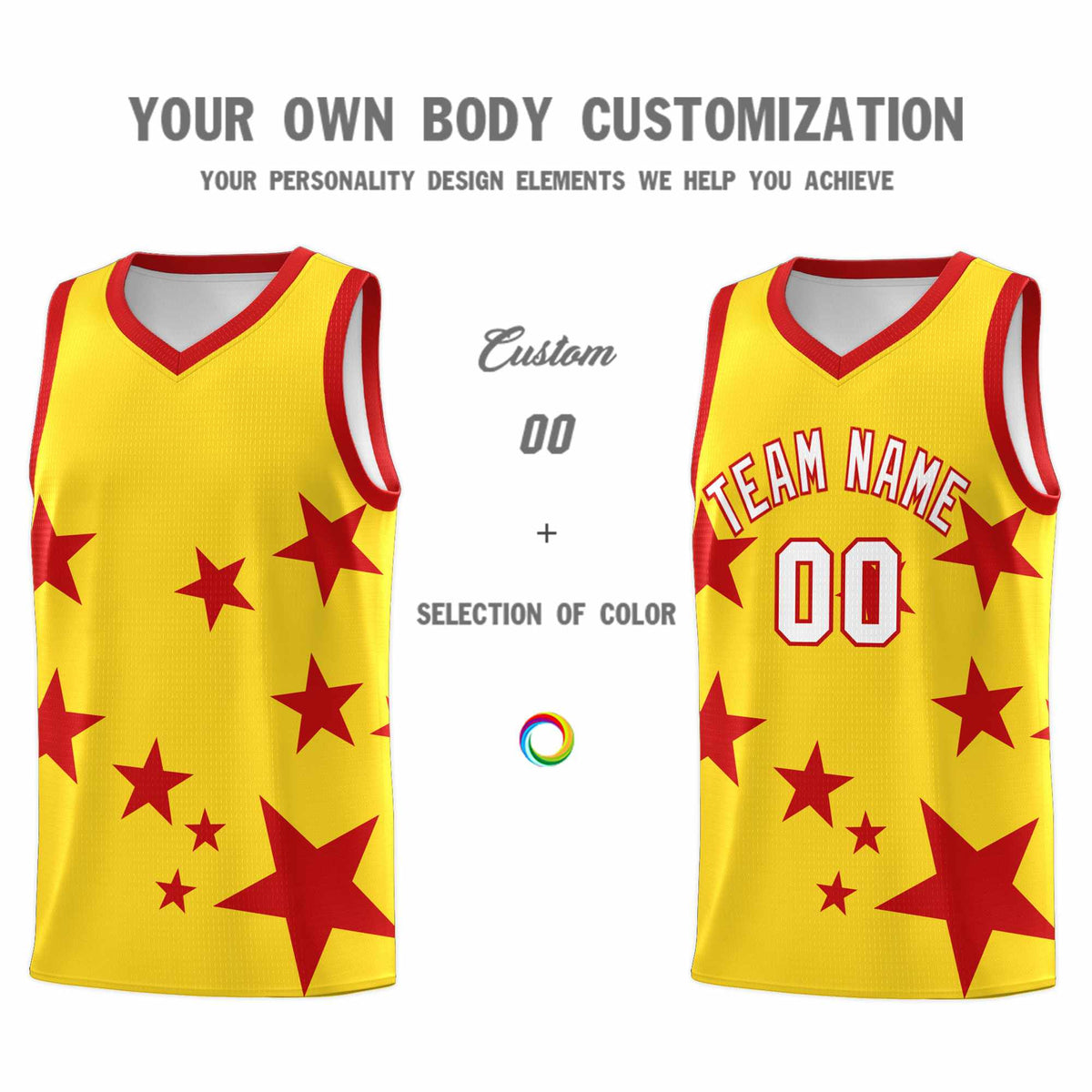 Custom Gold Red Graffiti Pattern Star Print Basketball Jersey Sets