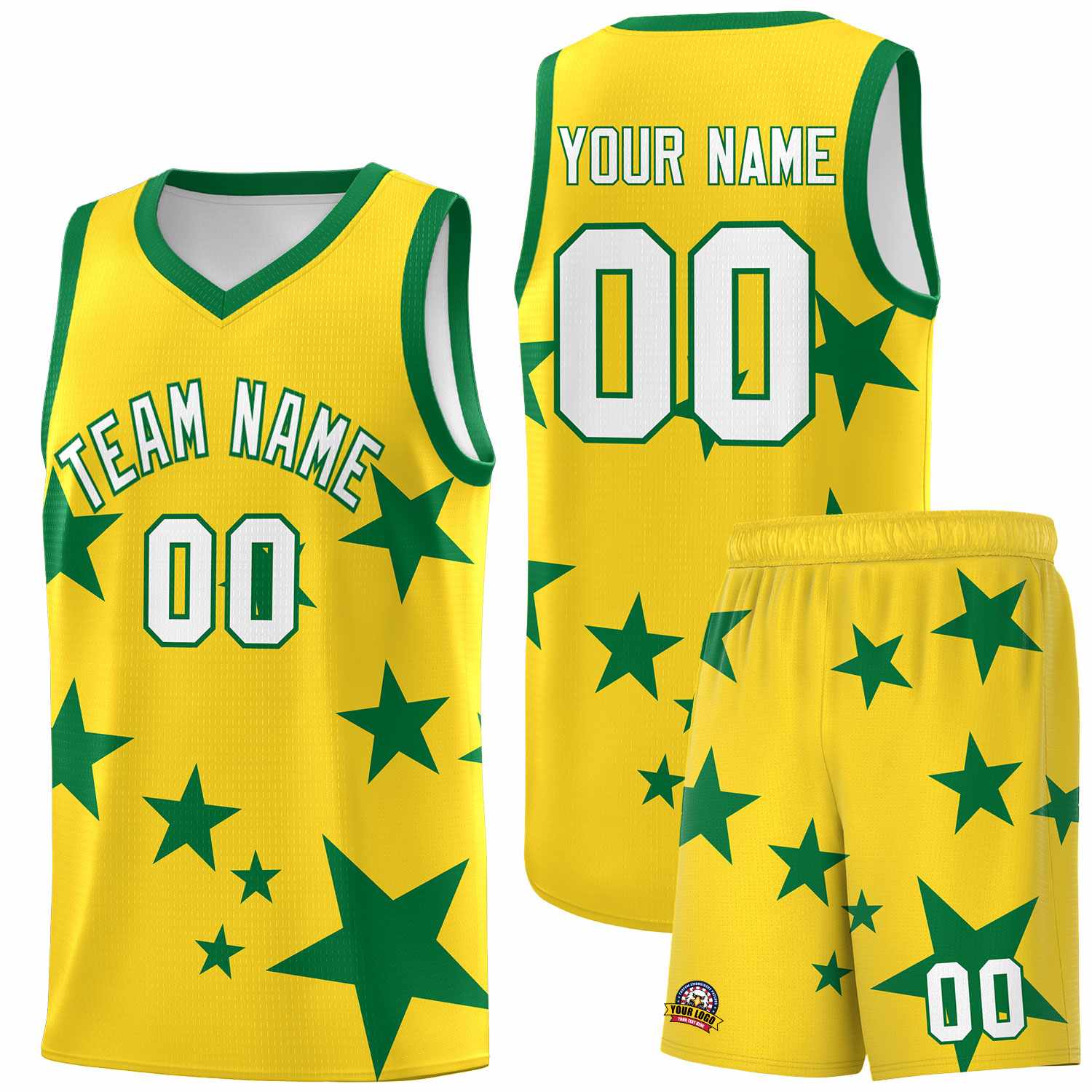 Custom Gold Kelly Green Graffiti Pattern Star Print Basketball Jersey Sets