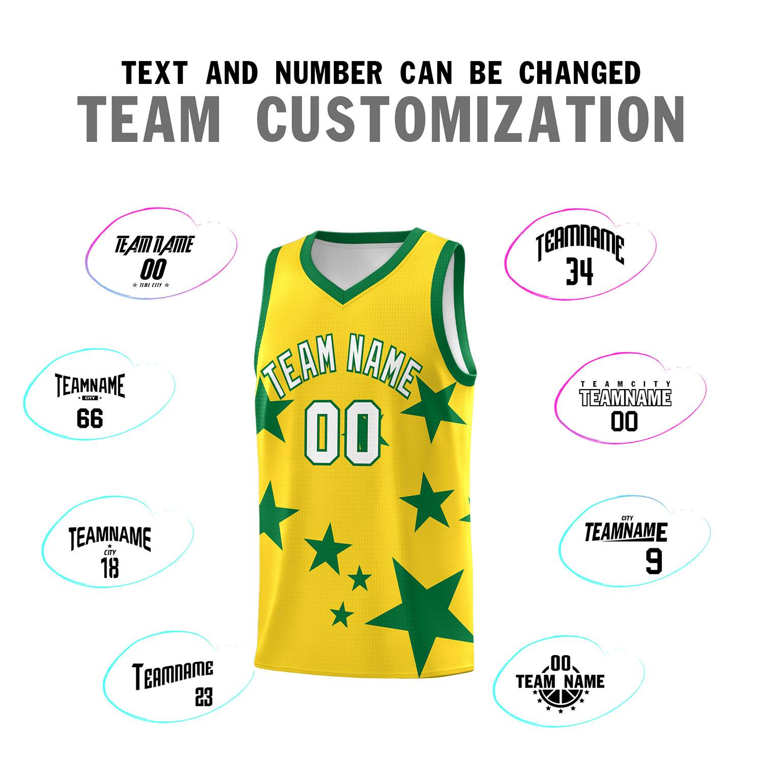 Custom Gold Kelly Green Graffiti Pattern Star Print Basketball Jersey Sets