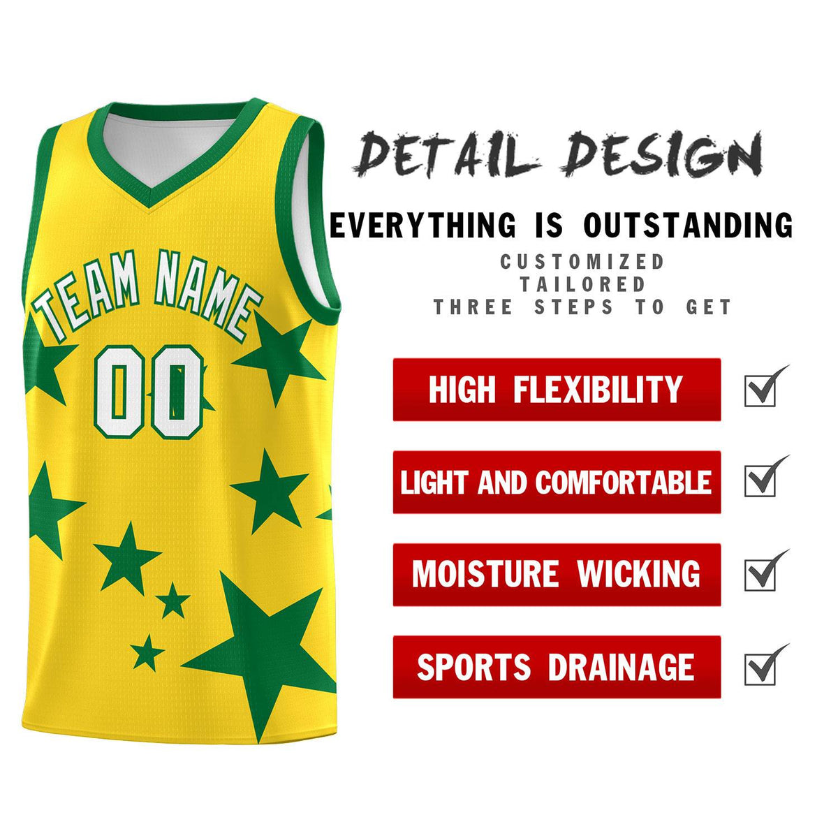 Custom Gold Kelly Green Graffiti Pattern Star Print Basketball Jersey Sets