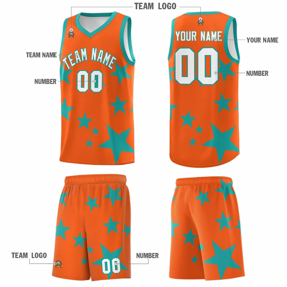 Custom Orange Aqua Graffiti Pattern Star Print Basketball Jersey Sets