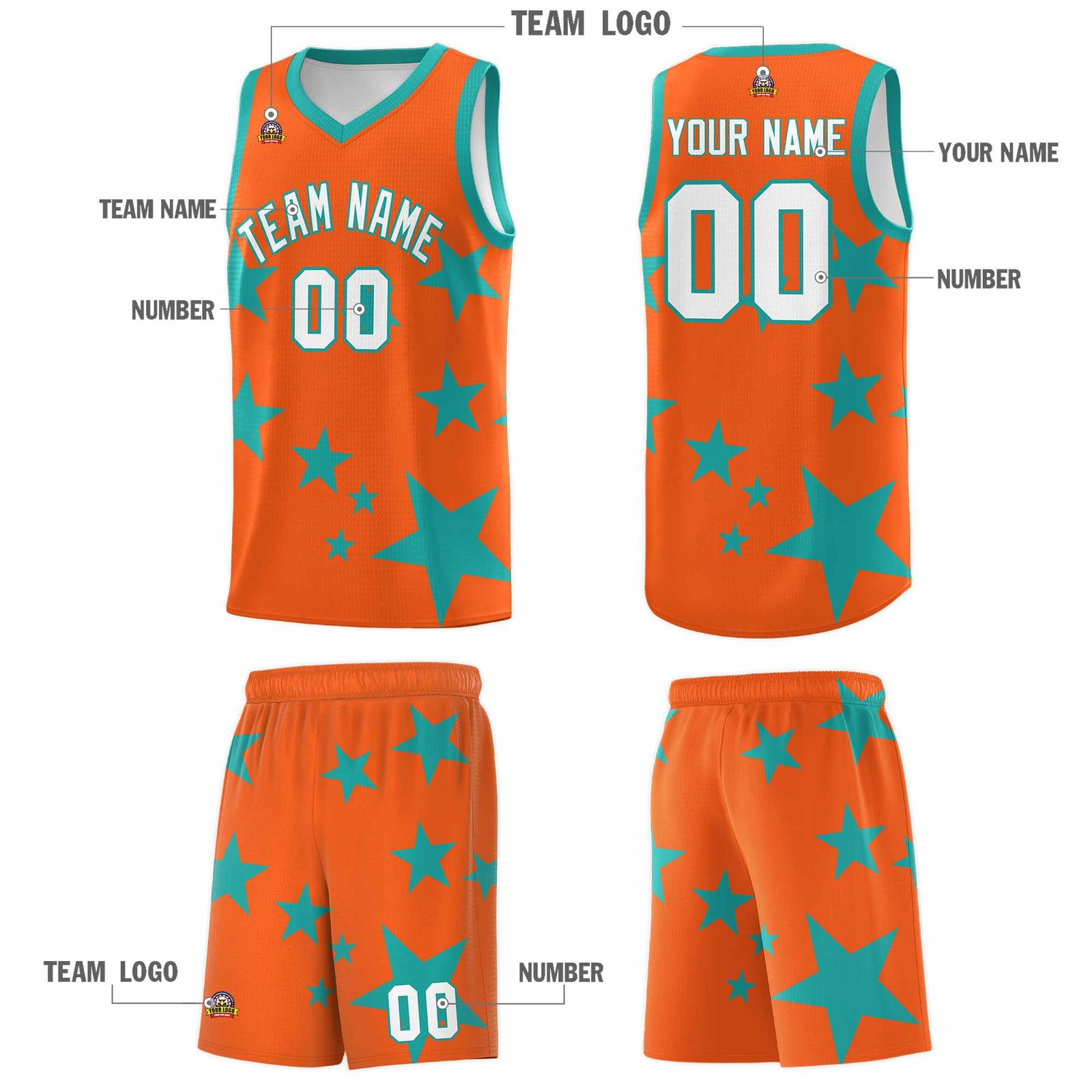 Custom Orange Aqua Graffiti Pattern Star Print Basketball Jersey Sets
