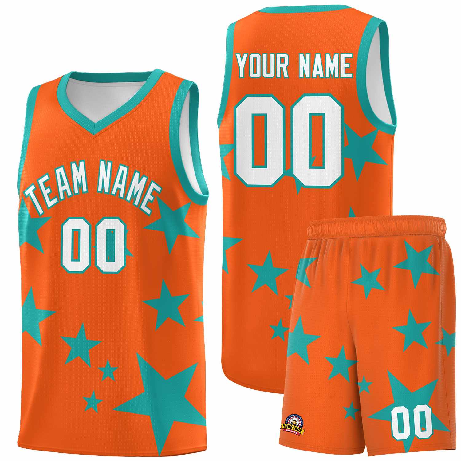Custom Orange Aqua Graffiti Pattern Star Print Basketball Jersey Sets
