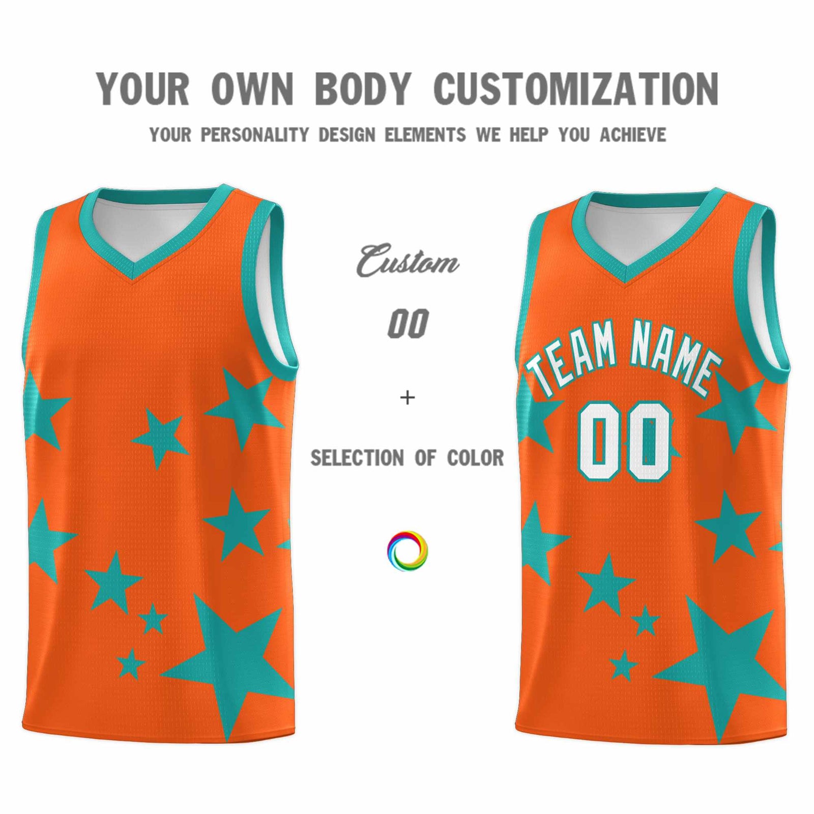 Custom Orange Aqua Graffiti Pattern Star Print Basketball Jersey Sets