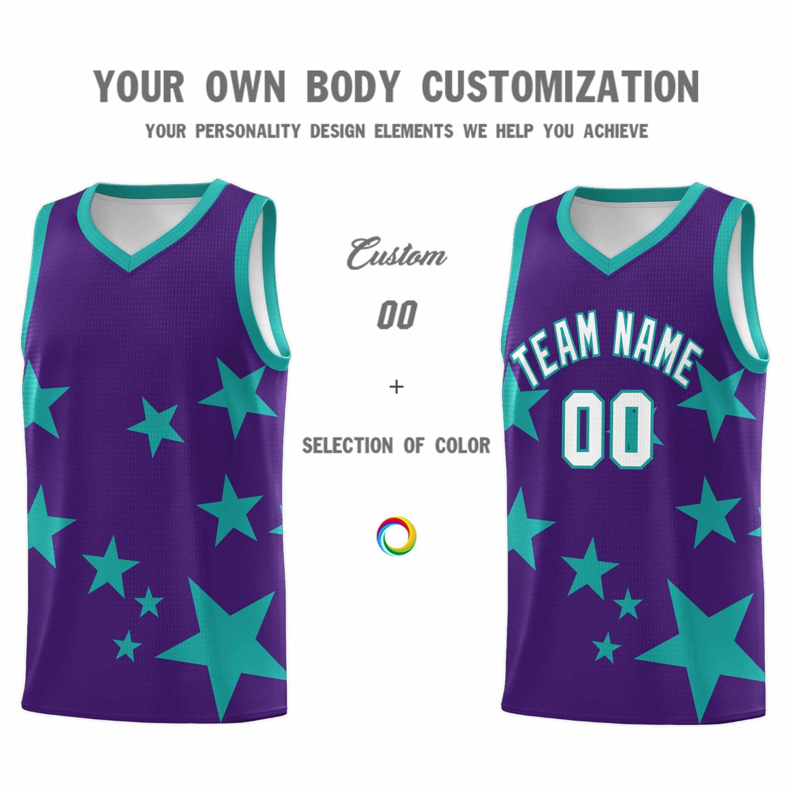 Custom Purple Aqua Graffiti Pattern Star Print Basketball Jersey Sets