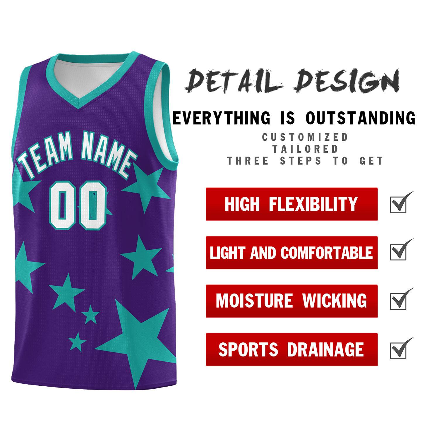 Custom Purple Aqua Graffiti Pattern Star Print Basketball Jersey Sets