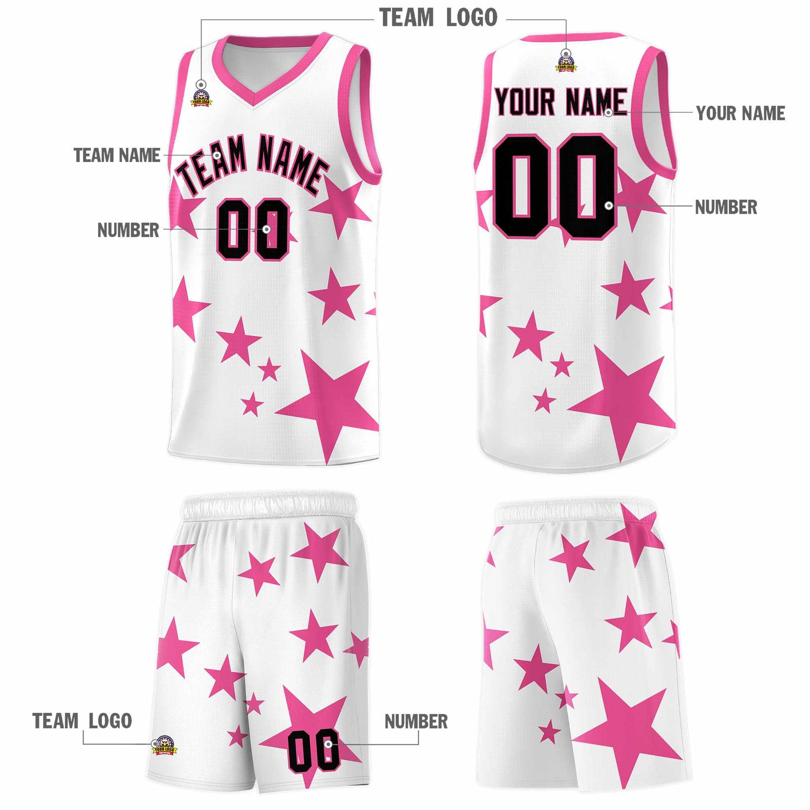 Custom White Pink Graffiti Pattern Star Print Basketball Jersey Sets