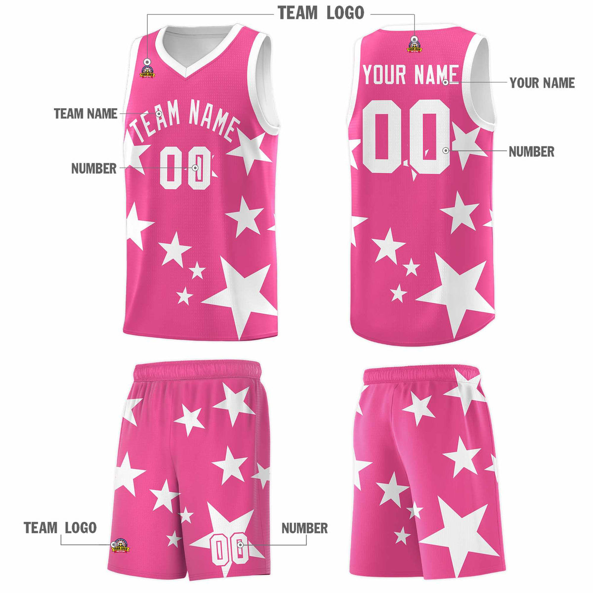 Custom Pink White Graffiti Pattern Star Print Basketball Jersey Sets