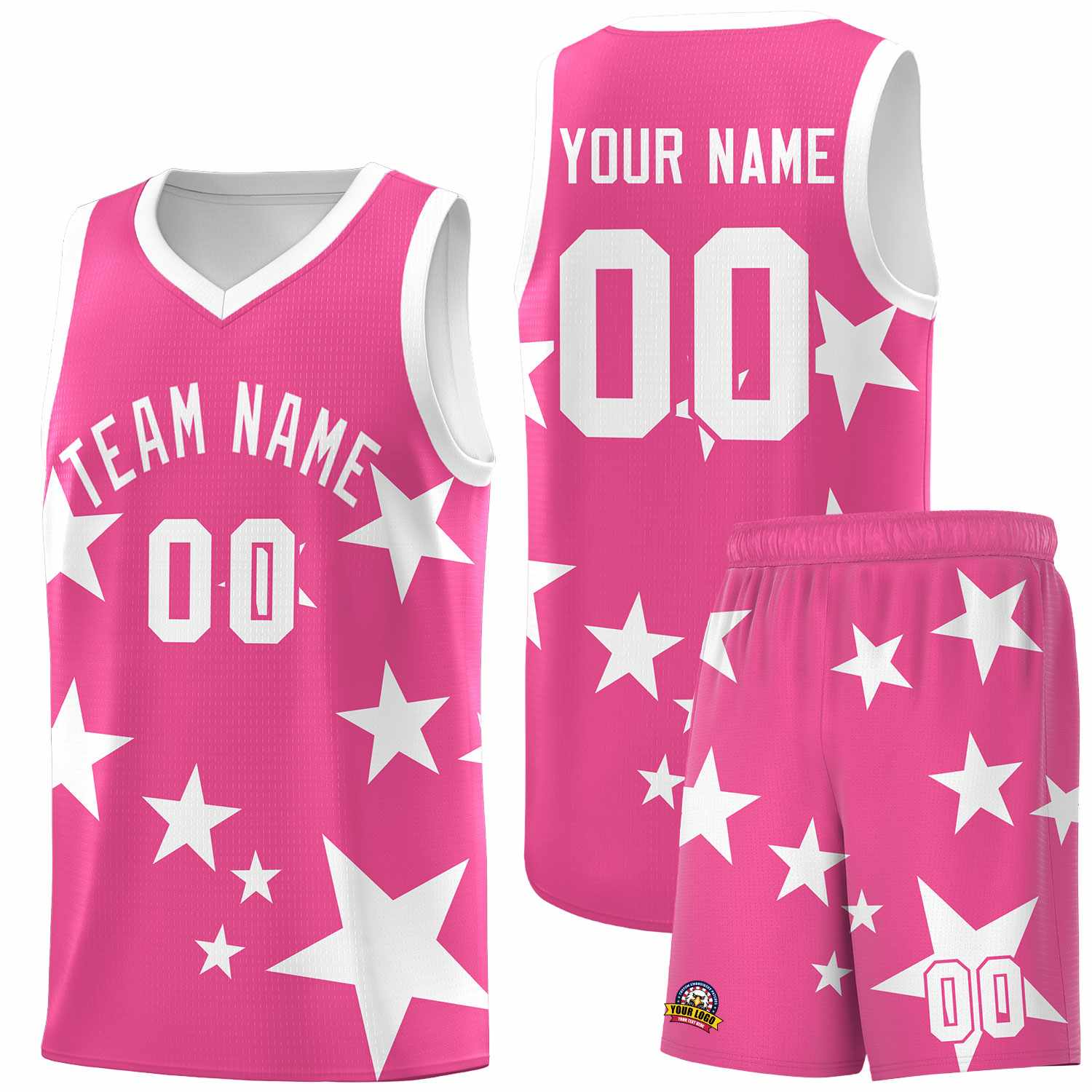 Custom Pink White Graffiti Pattern Star Print Basketball Jersey Sets