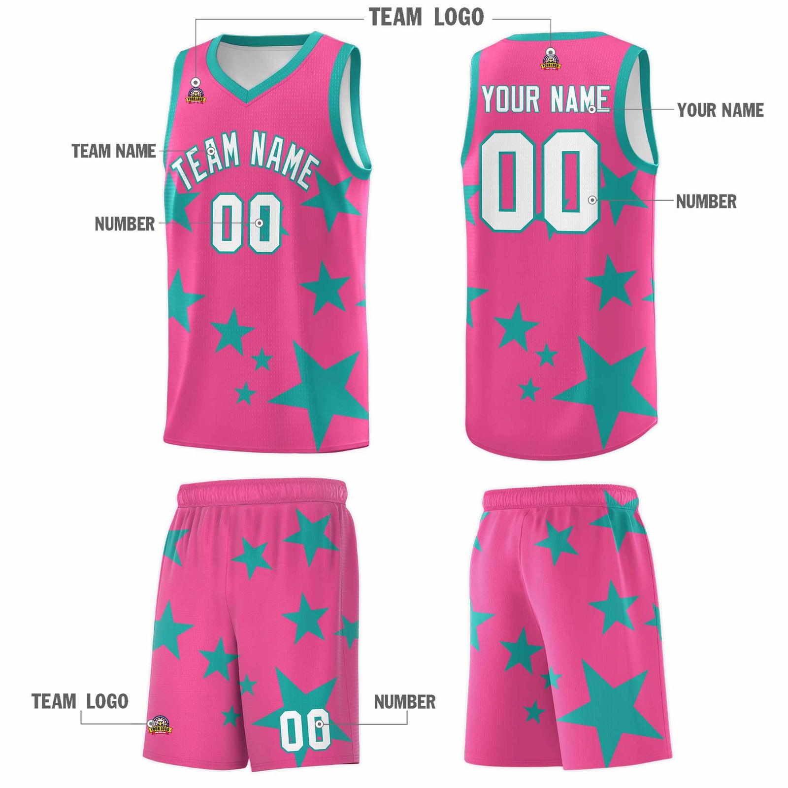 Custom Pink Aqua Graffiti Pattern Star Print Basketball Jersey Sets