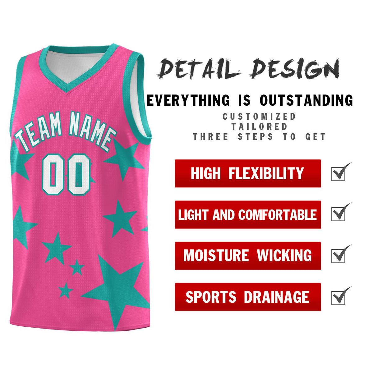 Custom Pink Aqua Graffiti Pattern Star Print Basketball Jersey Sets