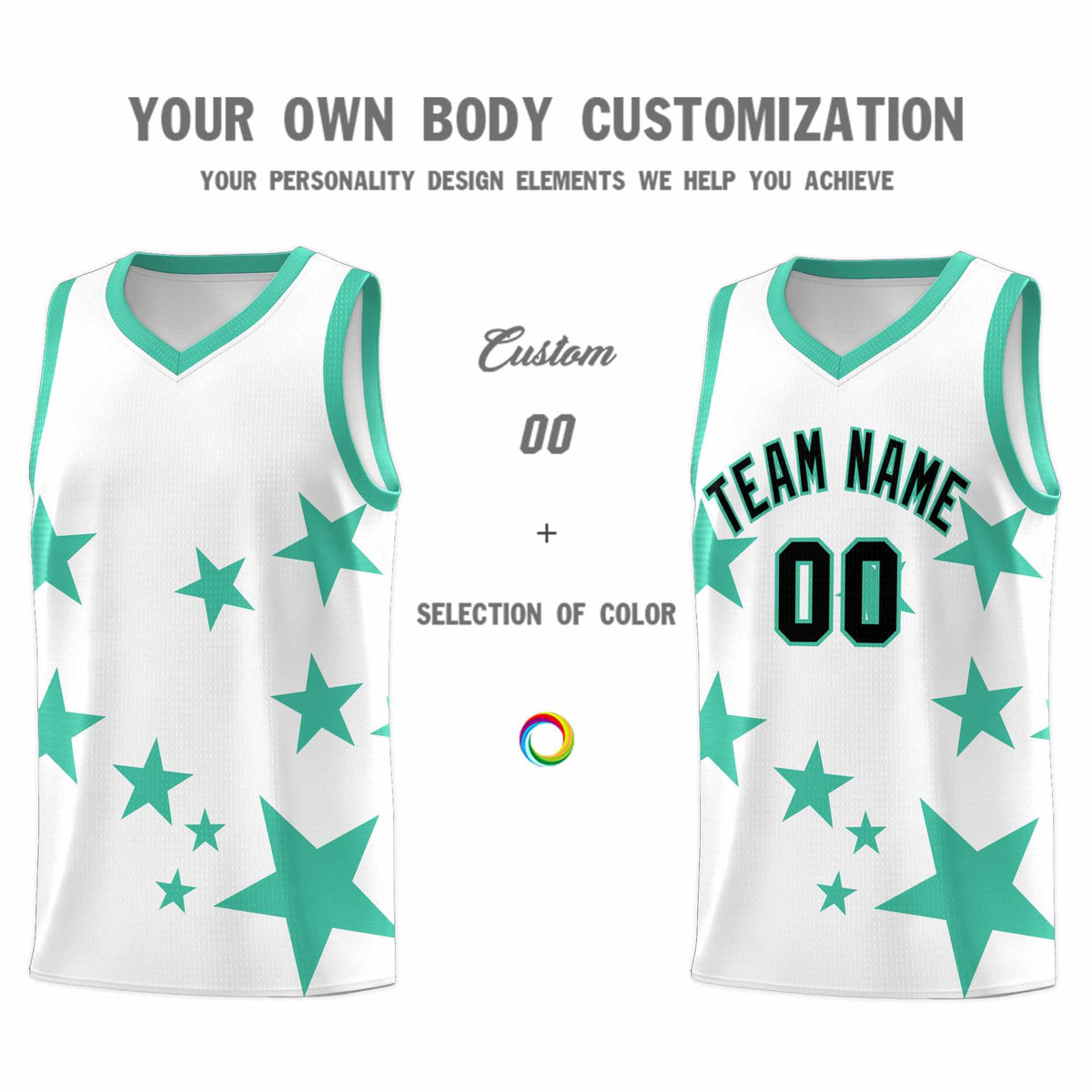 Custom White Bright Green Graffiti Pattern Star Print Basketball Jersey Sets