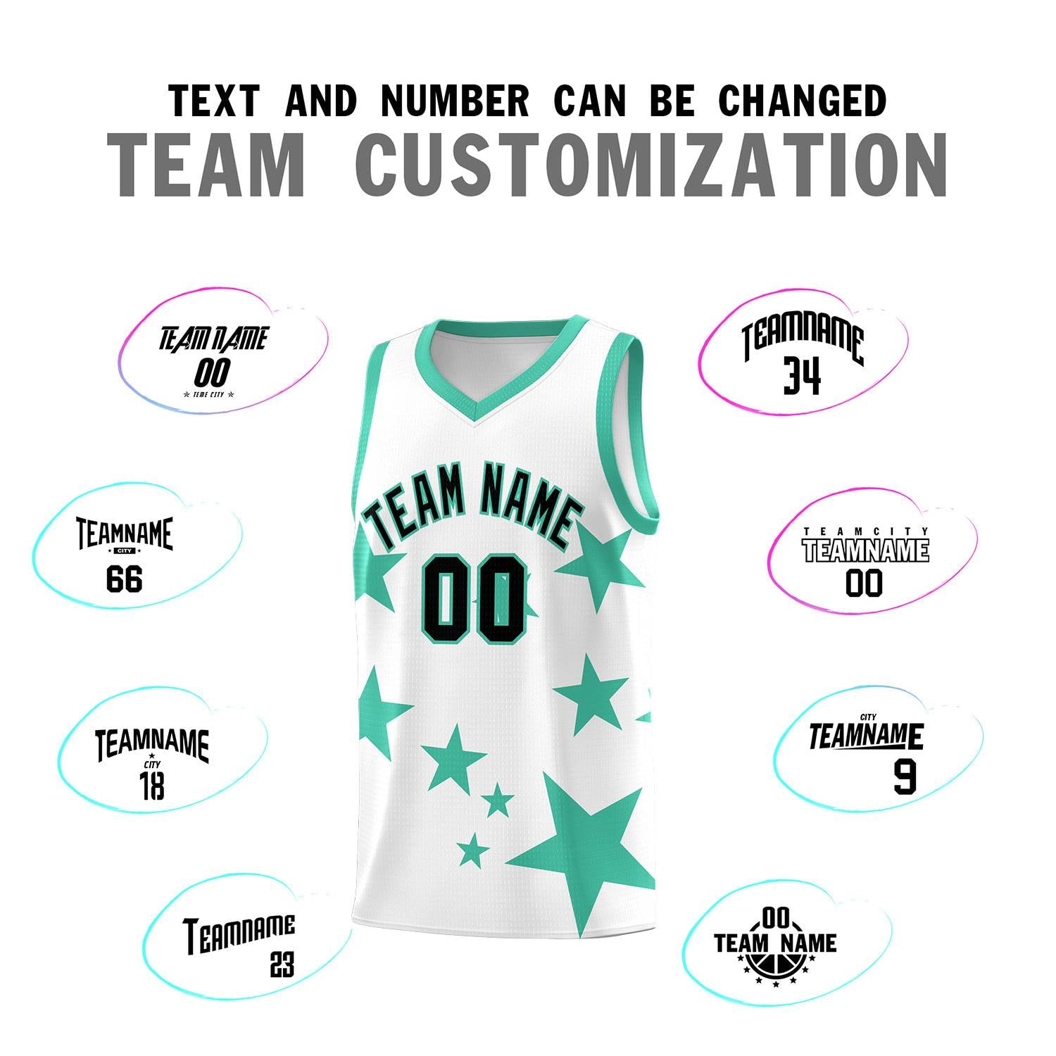 Custom White Bright Green Graffiti Pattern Star Print Basketball Jersey Sets