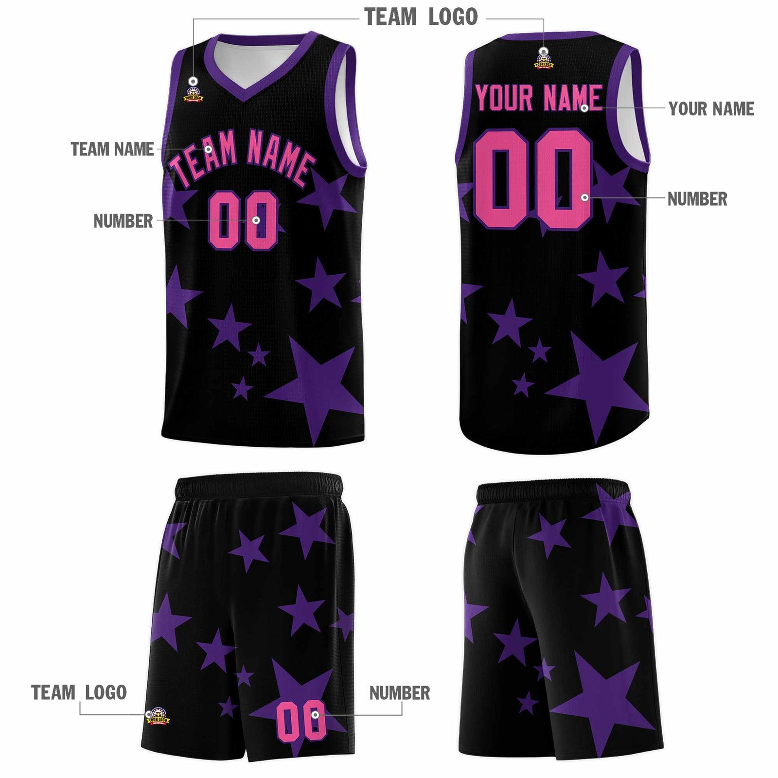 Custom Black Purple Graffiti Pattern Star Print Basketball Jersey Sets