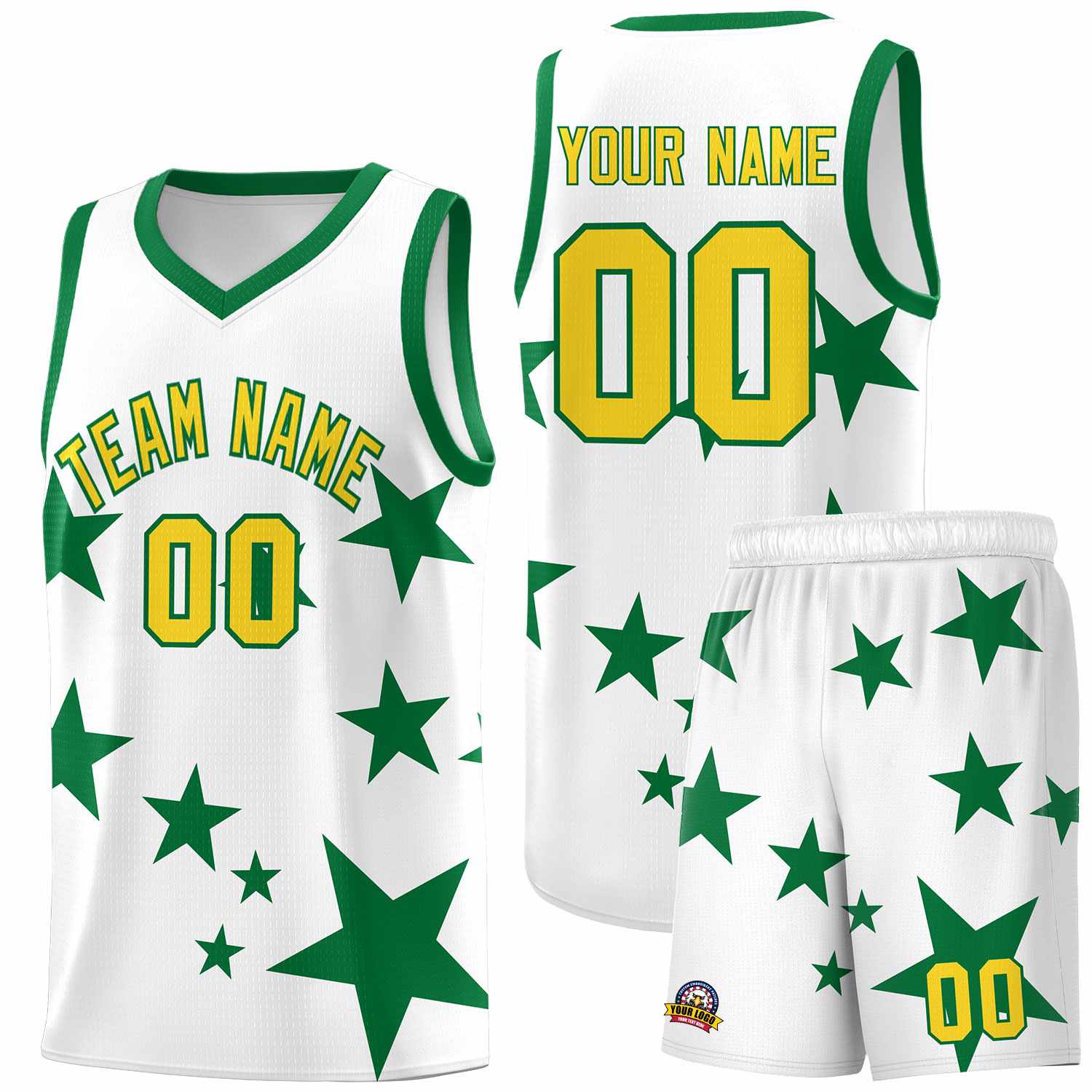Custom White Kelly Green Graffiti Pattern Star Print Basketball Jersey Sets