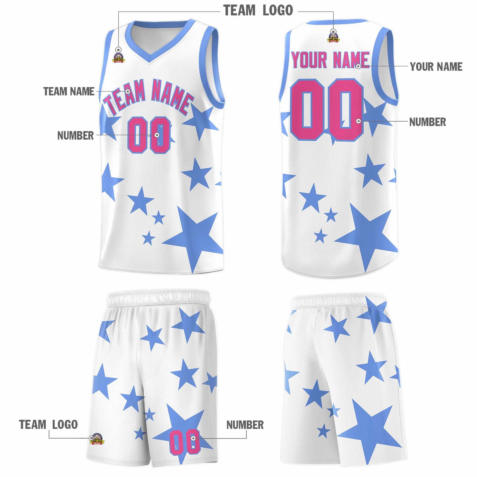 Custom White Light Blue Graffiti Pattern Star Print Basketball Jersey Sets