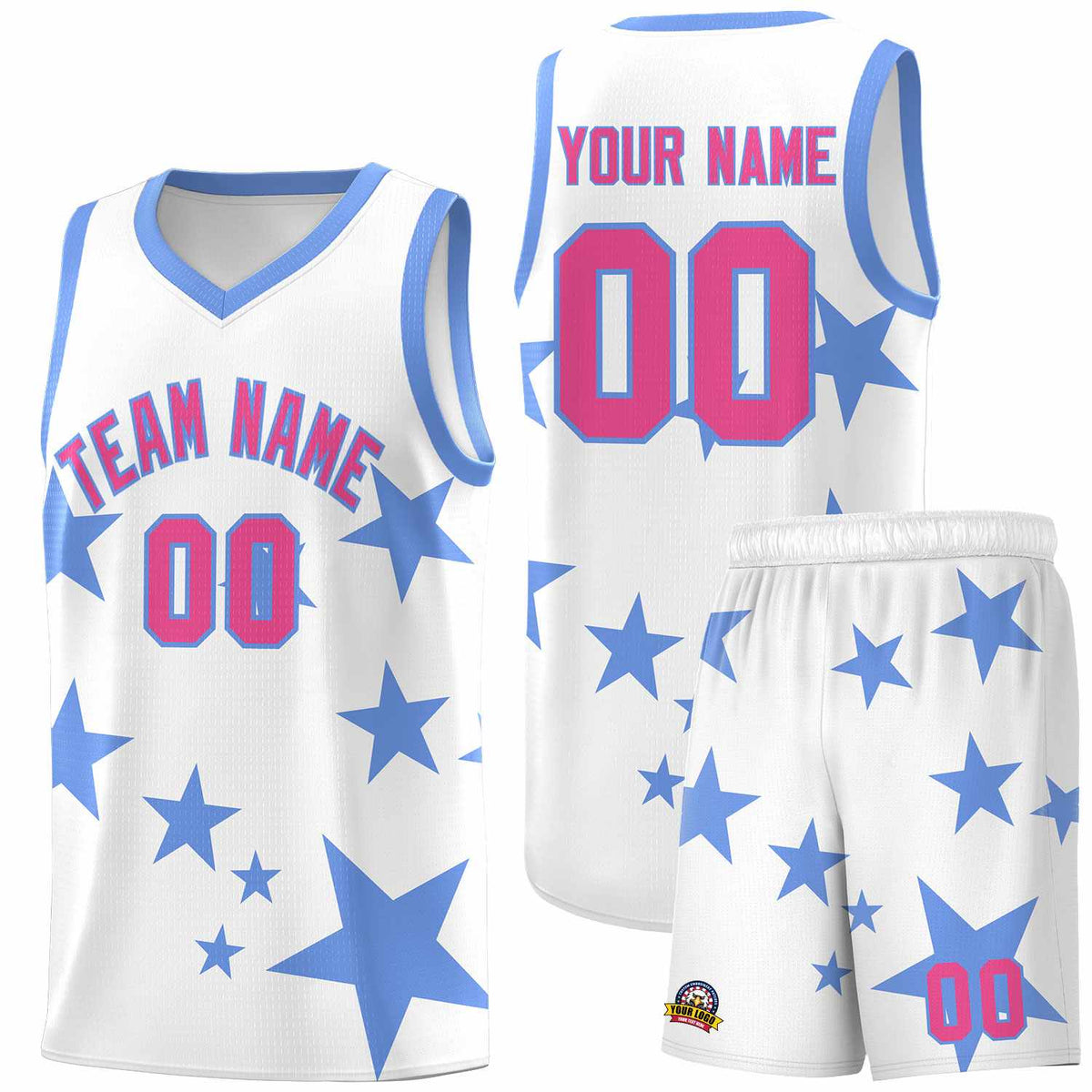 Custom White Light Blue Graffiti Pattern Star Print Basketball Jersey Sets