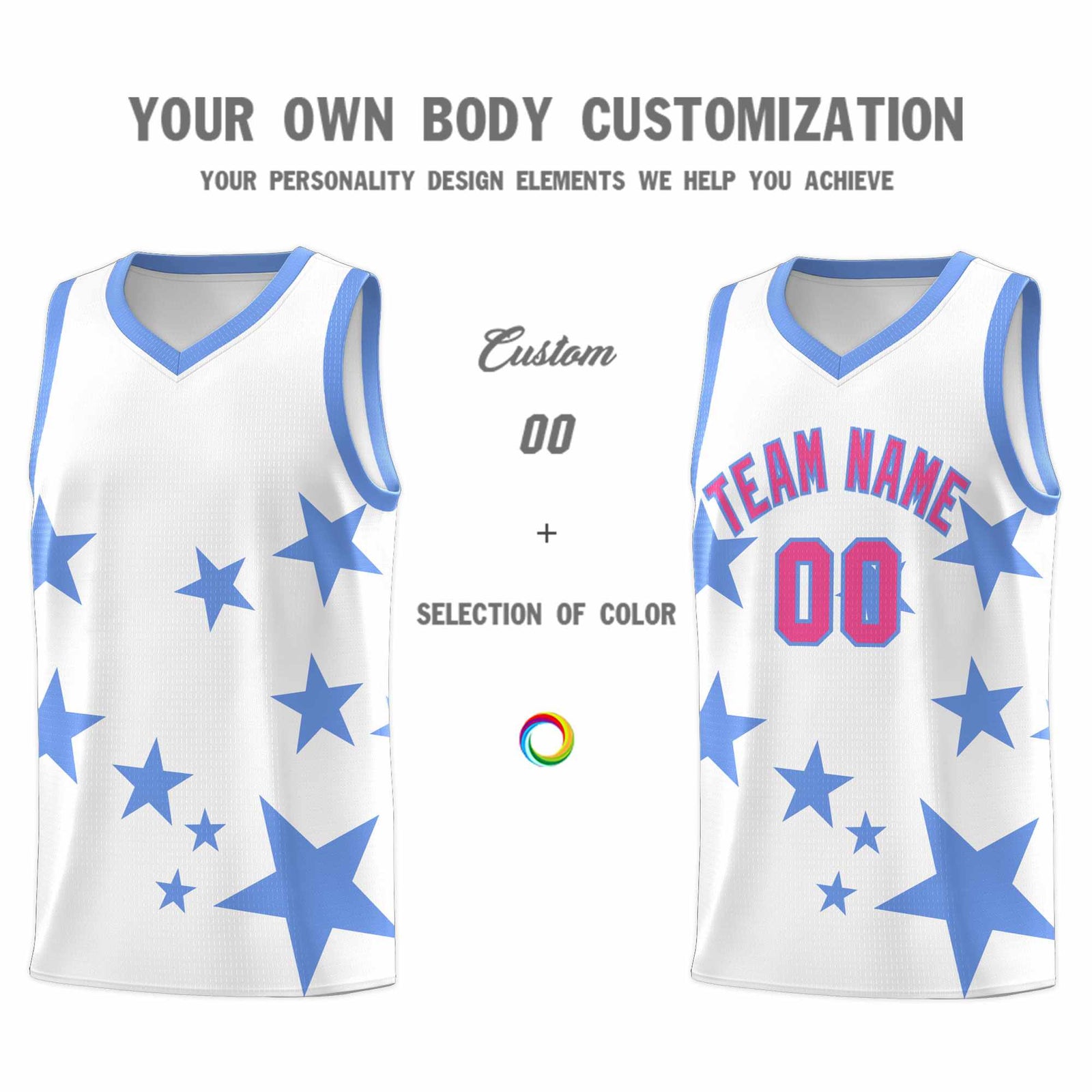 Custom White Light Blue Graffiti Pattern Star Print Basketball Jersey Sets