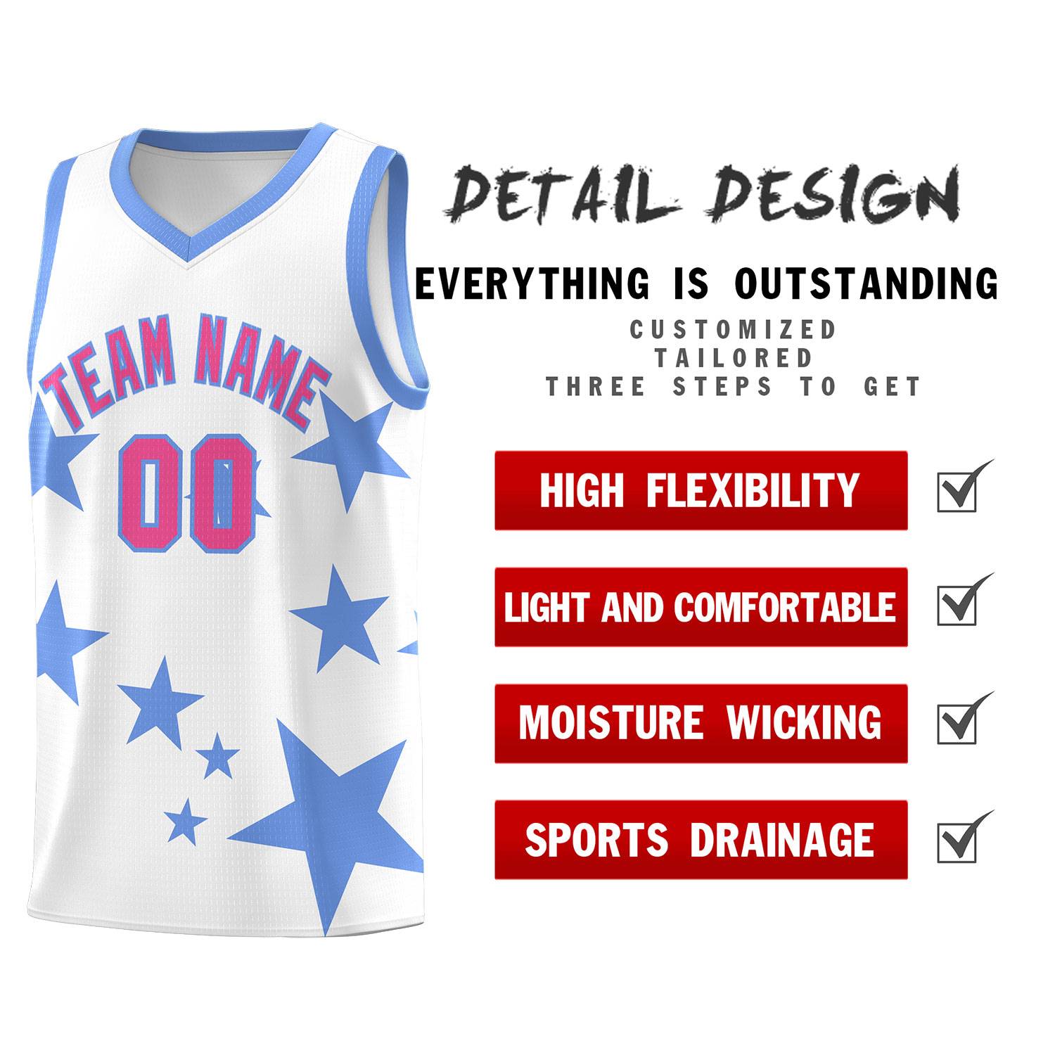 Custom White Light Blue Graffiti Pattern Star Print Basketball Jersey Sets