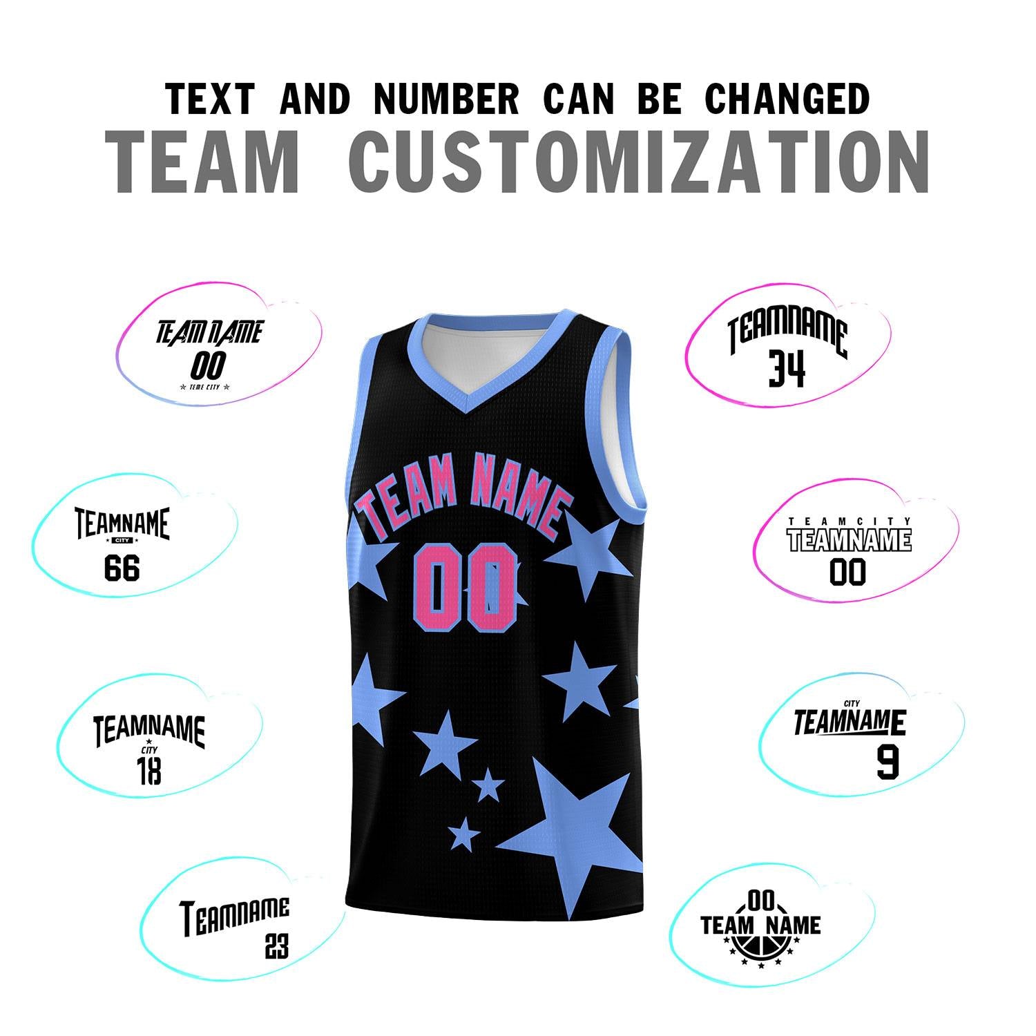 Custom Black Light Blue Graffiti Pattern Star Print Basketball Jersey Sets