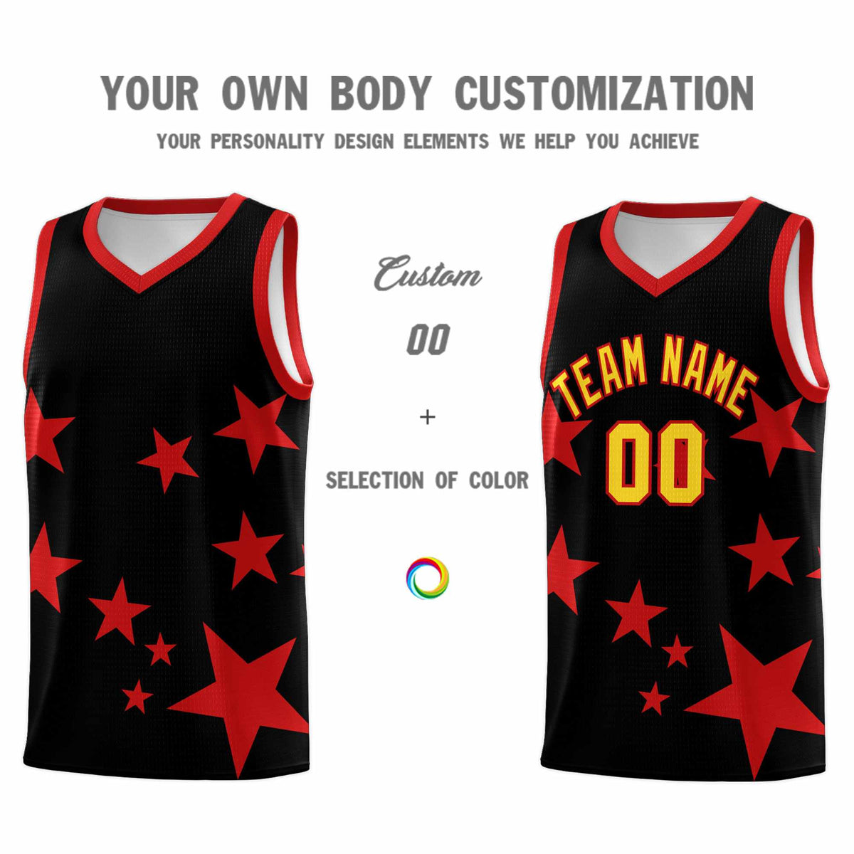 Custom Black Red Graffiti Pattern Star Print Basketball Jersey Sets