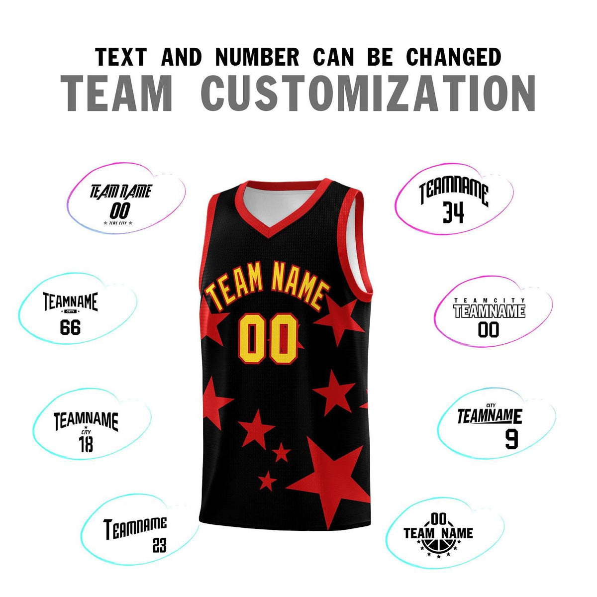Custom Black Red Graffiti Pattern Star Print Basketball Jersey Sets