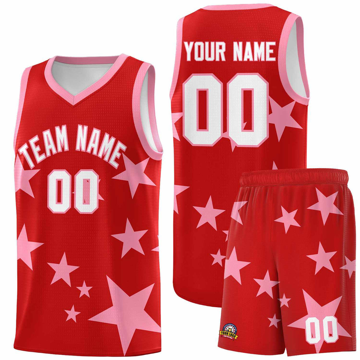 Custom Red Light Pink Graffiti Pattern Star Print Basketball Jersey Sets