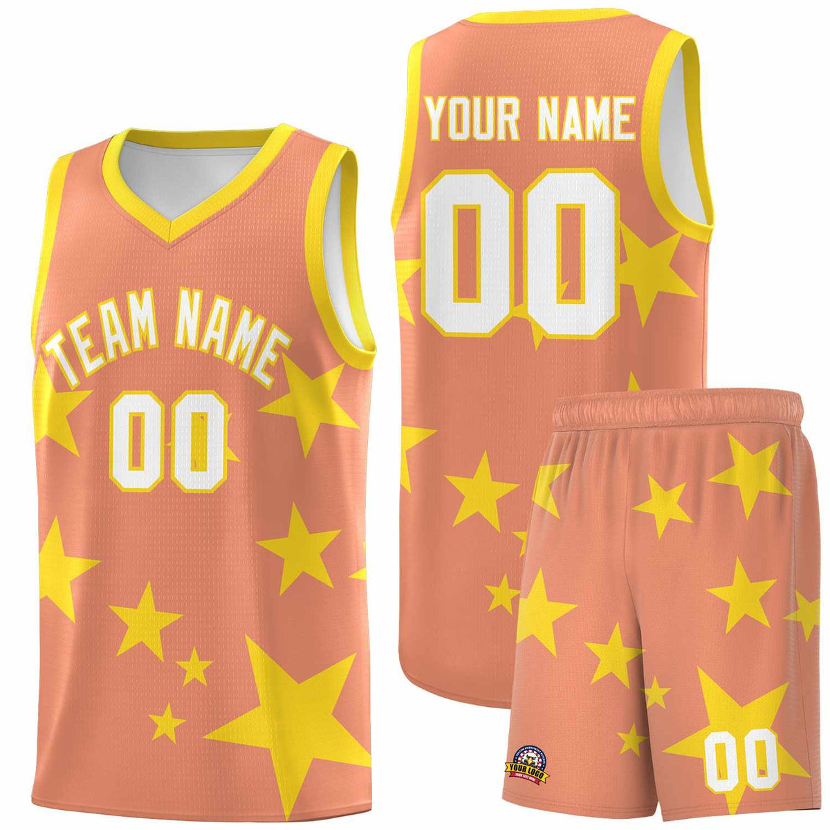 Custom Light Orange Gold Graffiti Pattern Star Print Basketball Jersey Sets