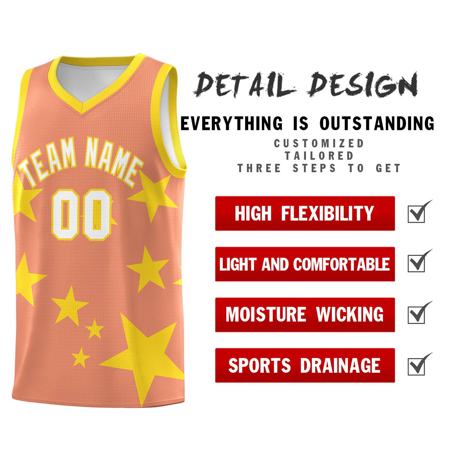 Custom Light Orange Gold Graffiti Pattern Star Print Basketball Jersey Sets