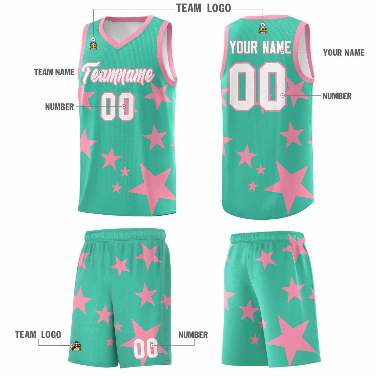 Custom Bright Green Light Pink Graffiti Pattern Star Print Basketball Jersey Sets