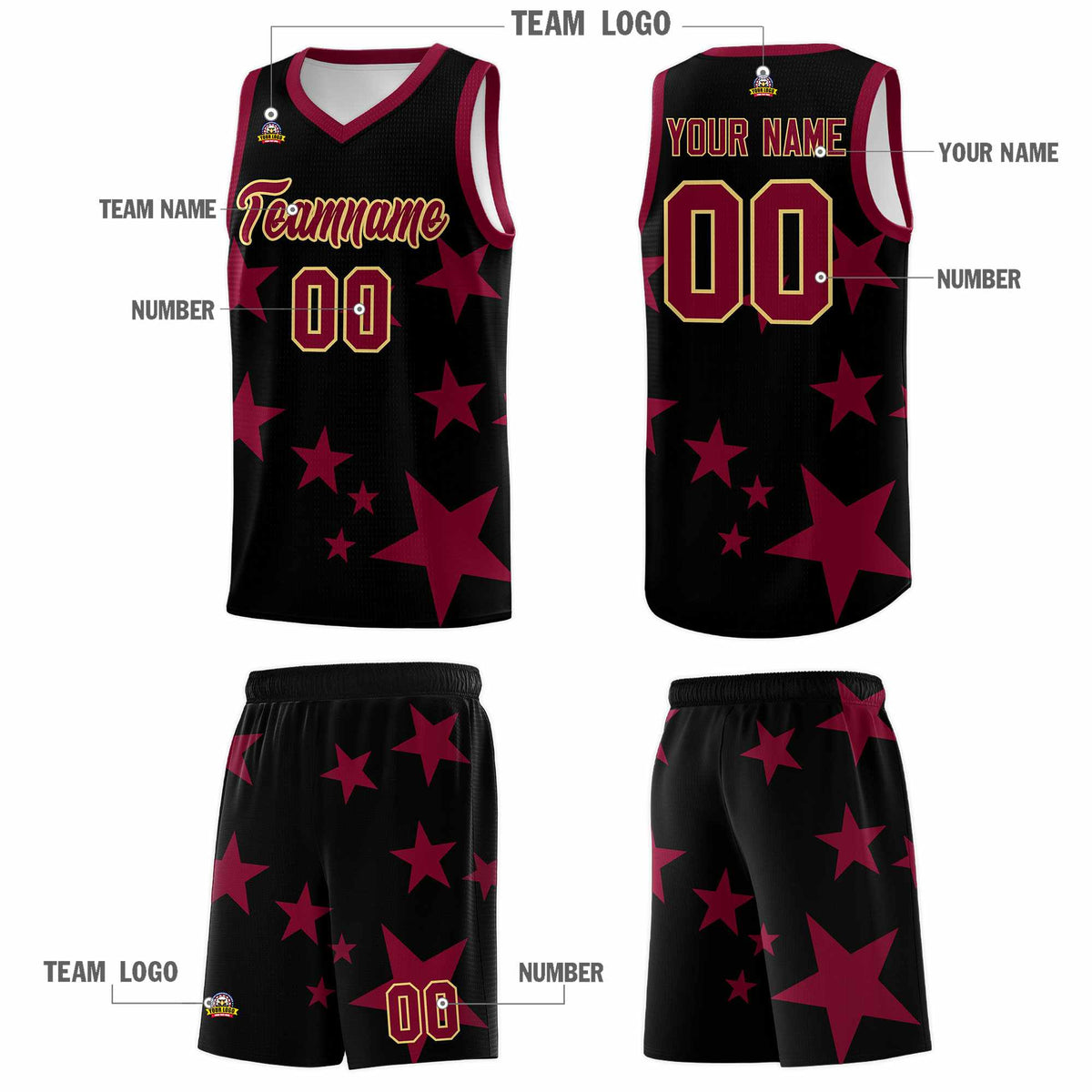 Custom Black Crimson Graffiti Pattern Star Print Basketball Jersey Sets