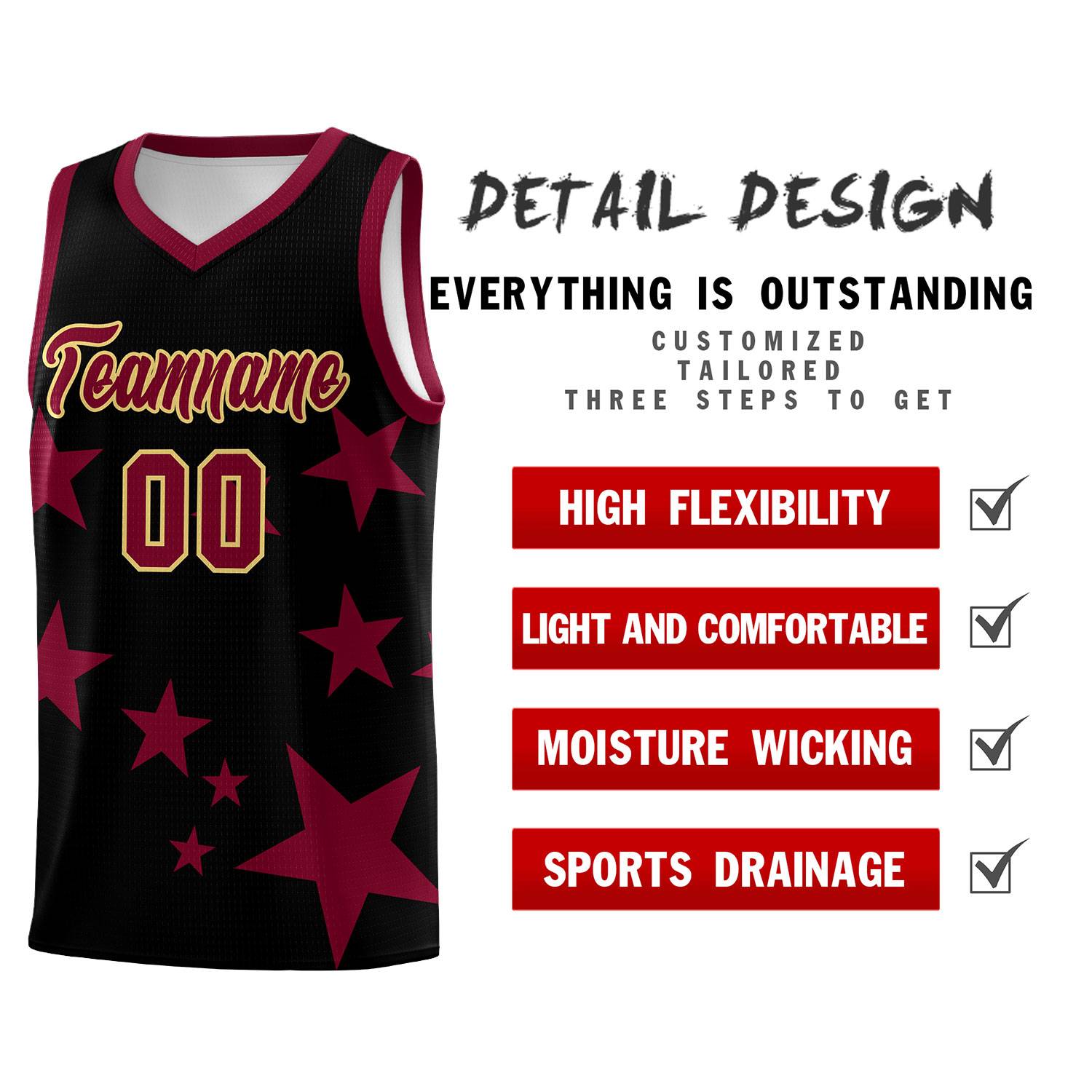 Custom Black Crimson Graffiti Pattern Star Print Basketball Jersey Sets