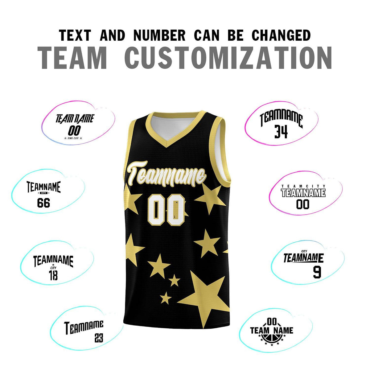 Custom Black Old Gold Graffiti Pattern Star Print Basketball Jersey Sets