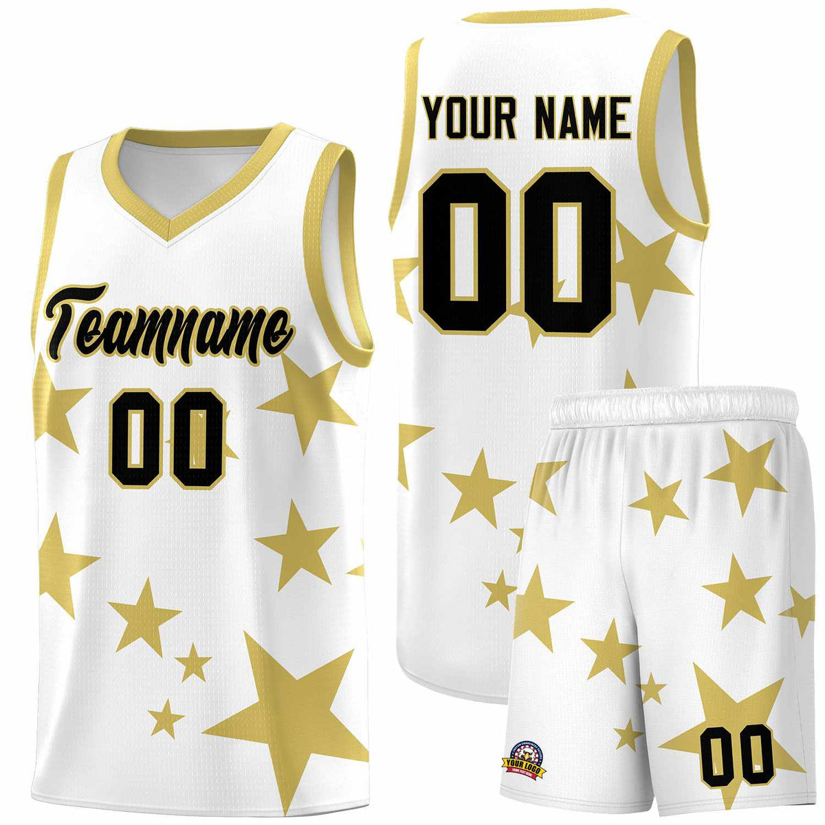 Custom White Old Gold Graffiti Pattern Star Print Basketball Jersey Sets