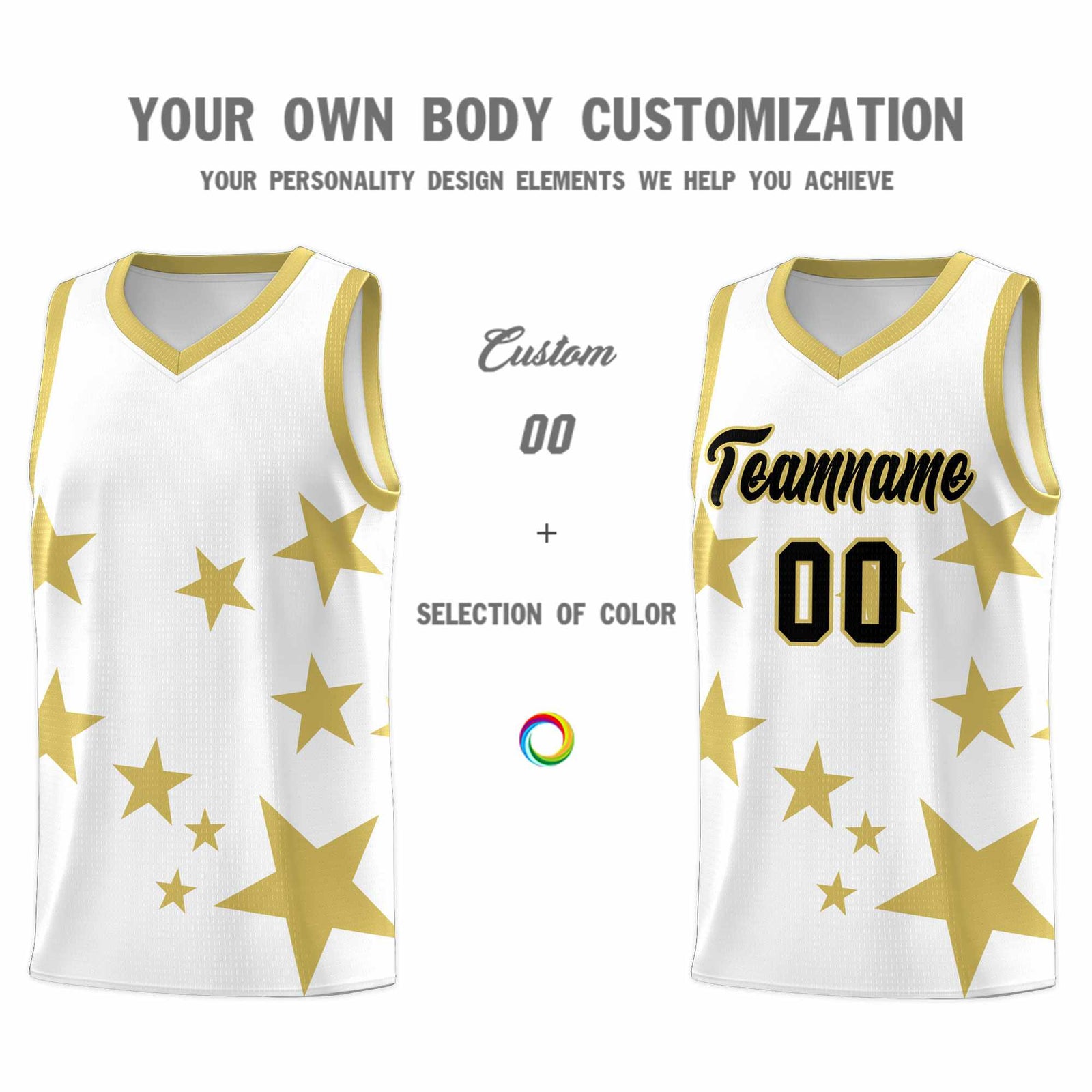Custom White Old Gold Graffiti Pattern Star Print Basketball Jersey Sets