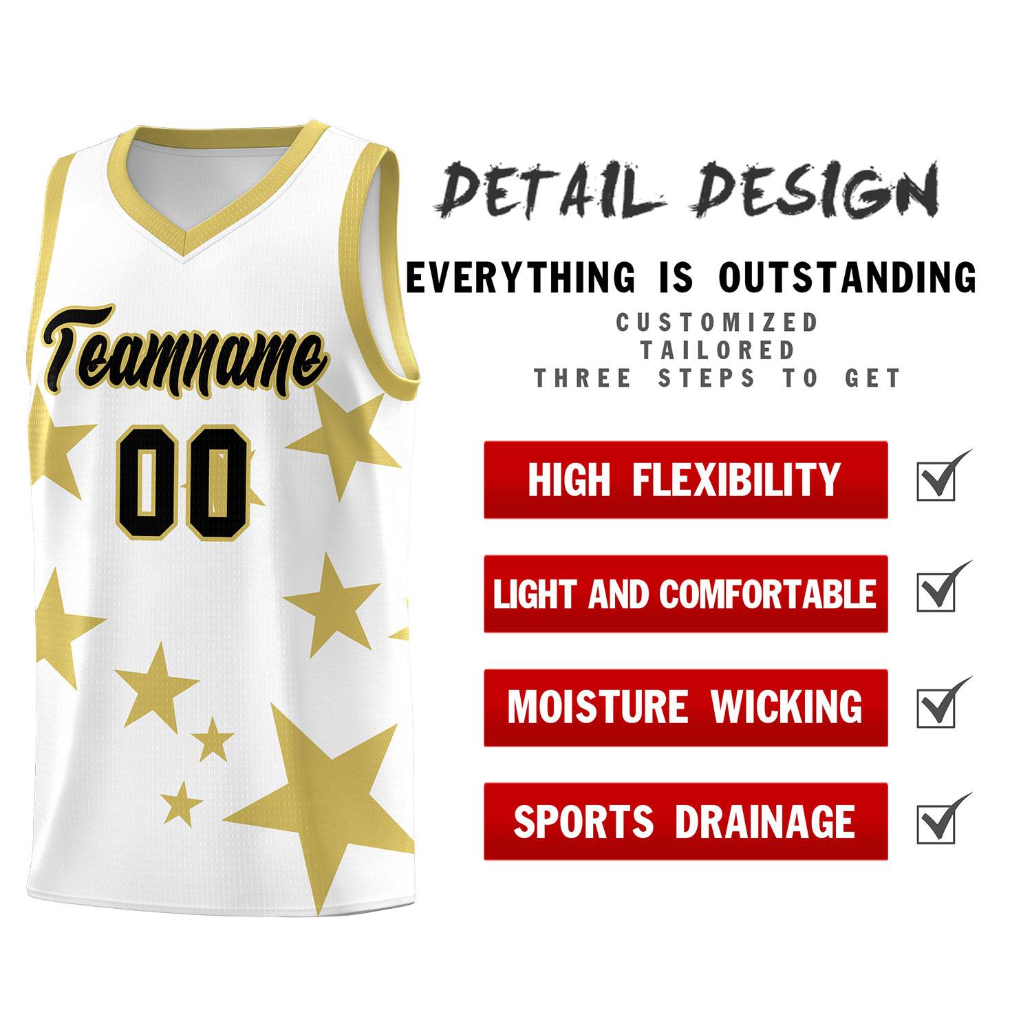 Custom White Old Gold Graffiti Pattern Star Print Basketball Jersey Sets