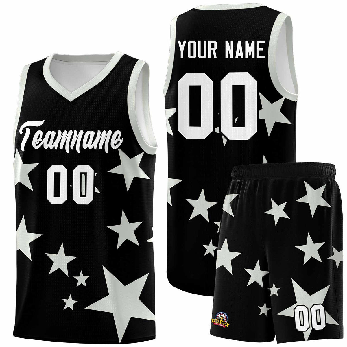 Custom Black Gray Graffiti Pattern Star Print Basketball Jersey Sets