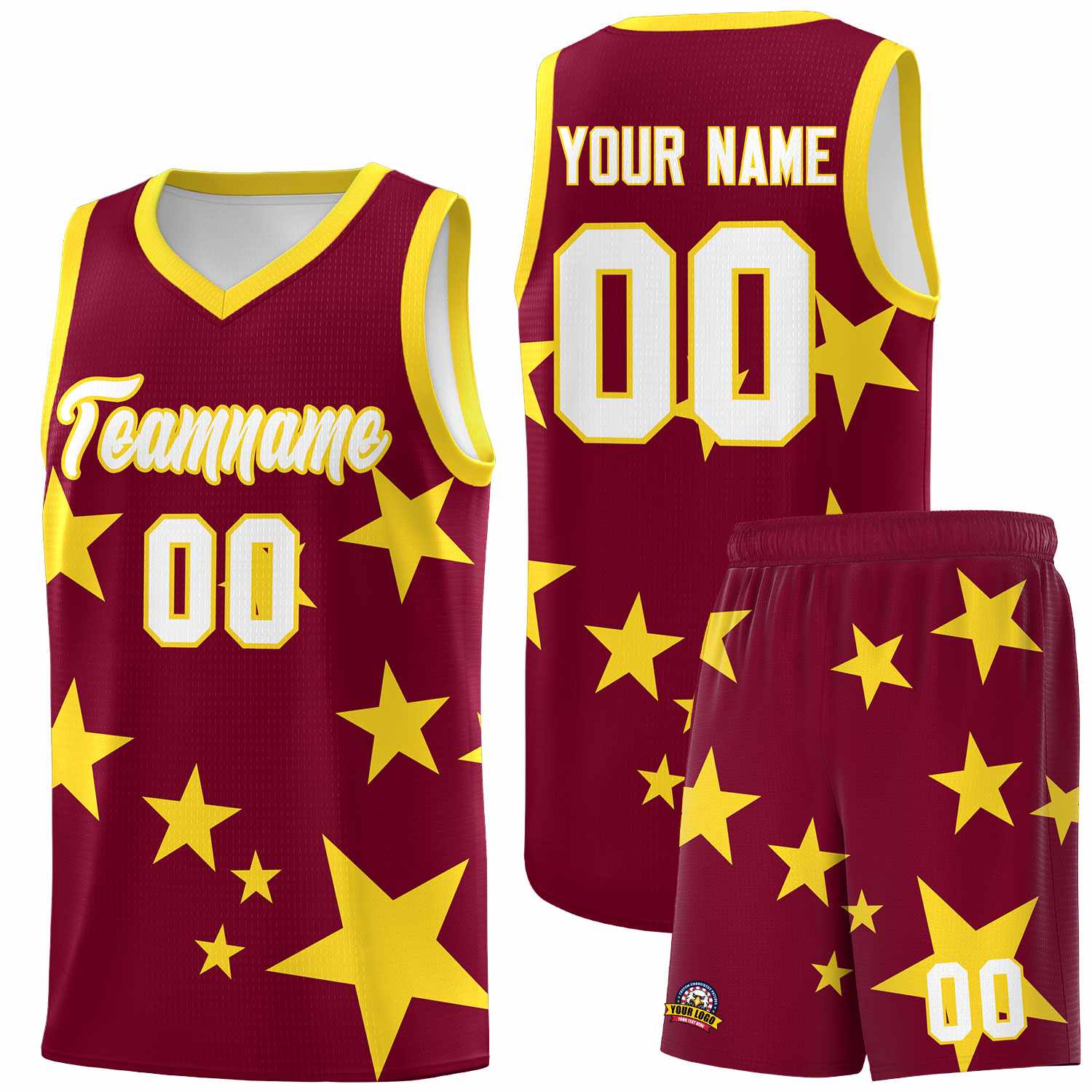 Custom Crimson Gold Graffiti Pattern Star Print Basketball Jersey Sets