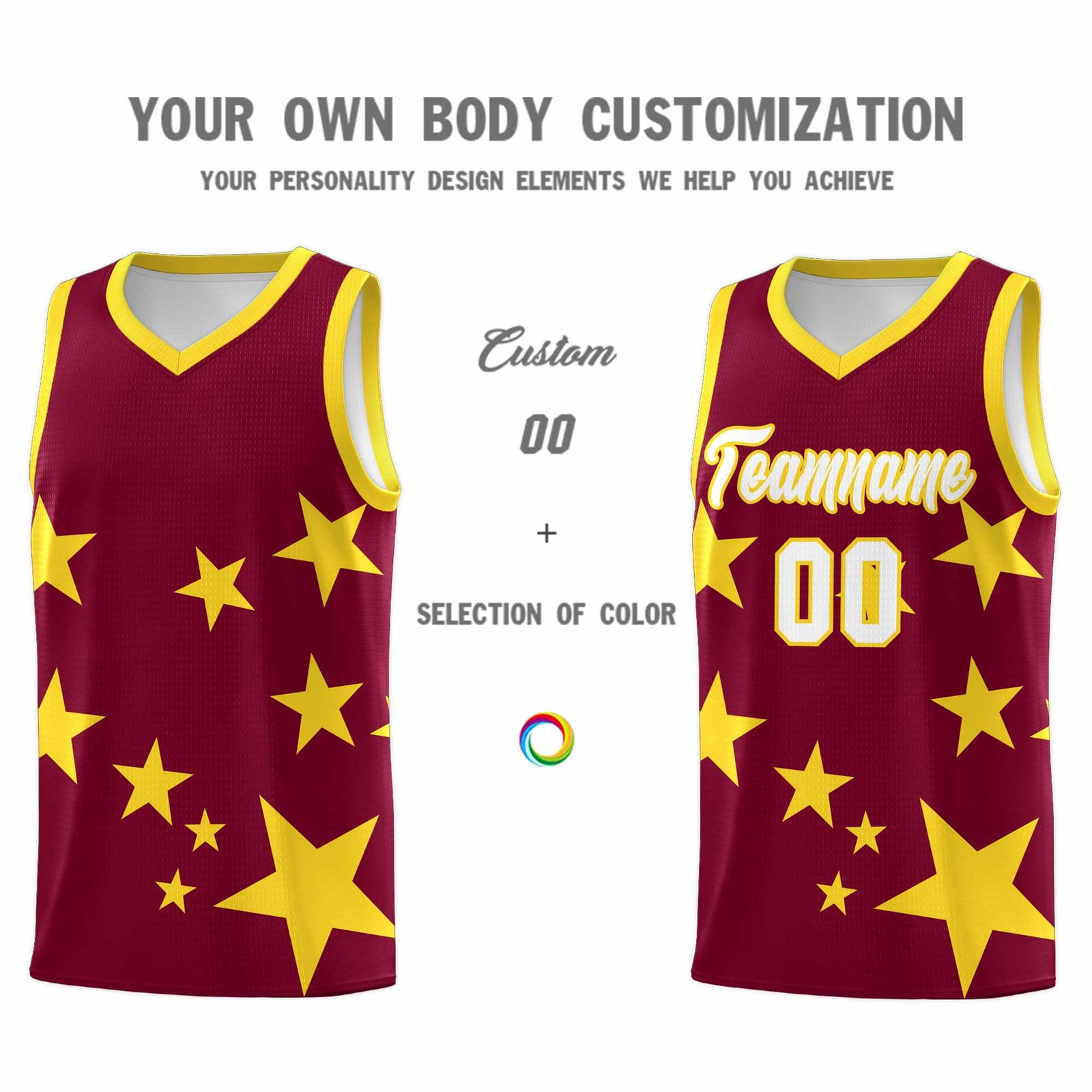 Custom Crimson Gold Graffiti Pattern Star Print Basketball Jersey Sets