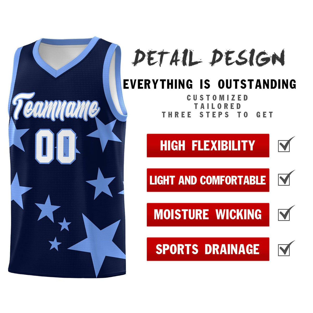 Custom Navy Light Blue Graffiti Pattern Star Print Basketball Jersey Sets