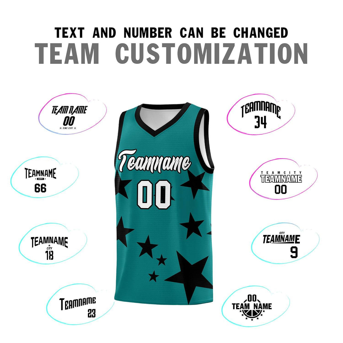Custom Aqua Black Graffiti Pattern Star Print Basketball Jersey Sets